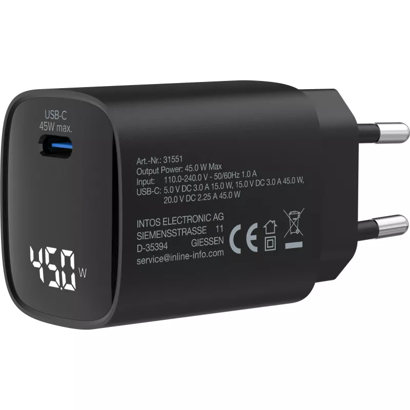 InLine USB PD zasilacz, ładowarka GaN, 1-port, USB-C, 45W, z wyświetlaczem