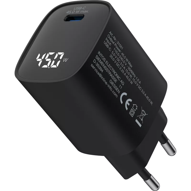 InLine USB PD zasilacz, ładowarka GaN, 1-port, USB-C, 45W, z wyświetlaczem