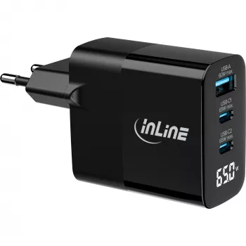 InLine USB PD zasilacz, ładowarka GaN, 3-portowa, USB-C + USB-A, 65W, z wyświetlaczem