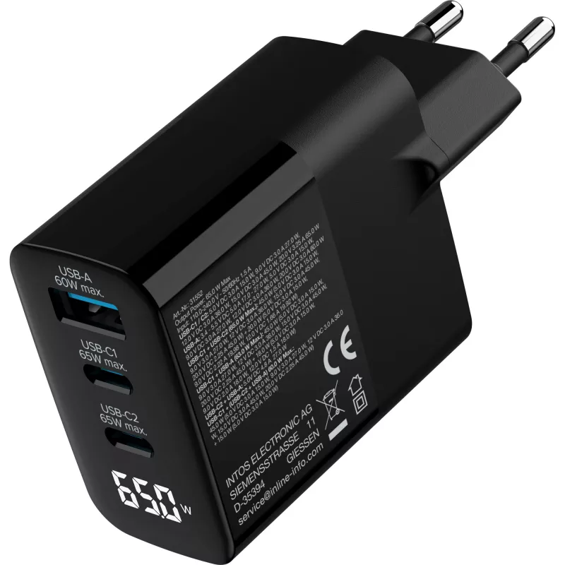 InLine USB PD zasilacz, ładowarka GaN, 3-portowa, USB-C + USB-A, 65W, z wyświetlaczem