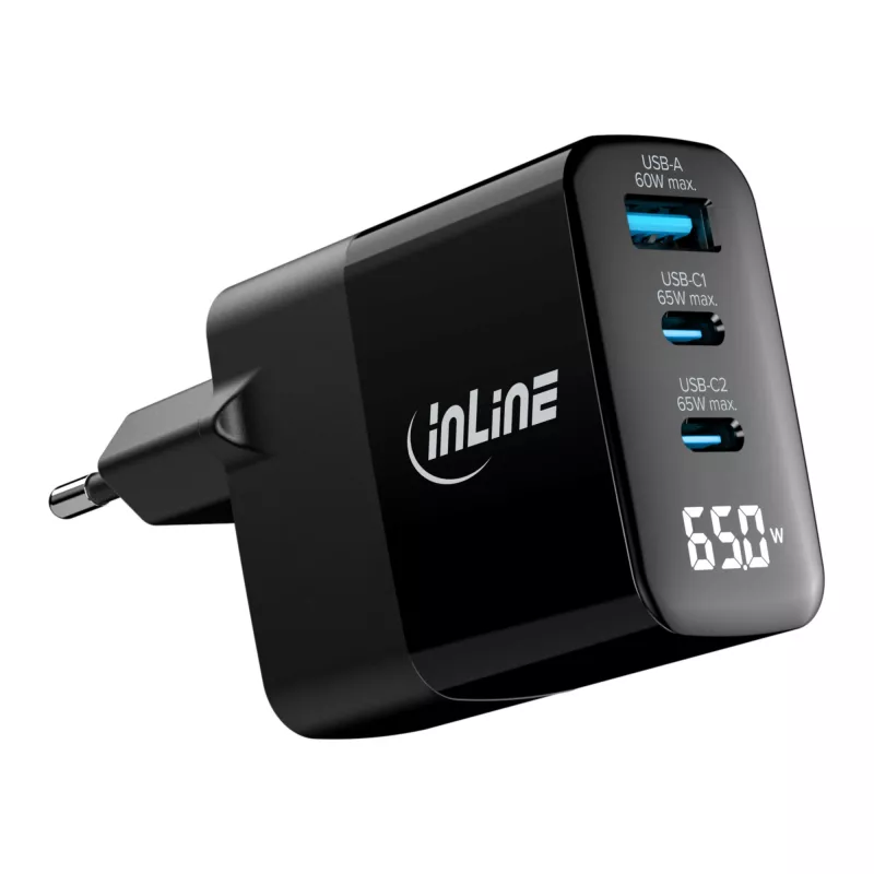 InLine USB PD zasilacz, ładowarka GaN, 3-portowa, USB-C + USB-A, 65W, z wyświetlaczem