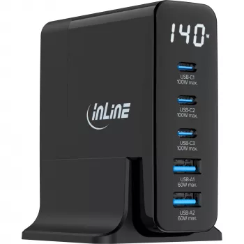 Zasilacz InLine USB PD, ładowarka GaN, 5-portowa, USB-C + USB-A, 140 W, z wyświetlaczem