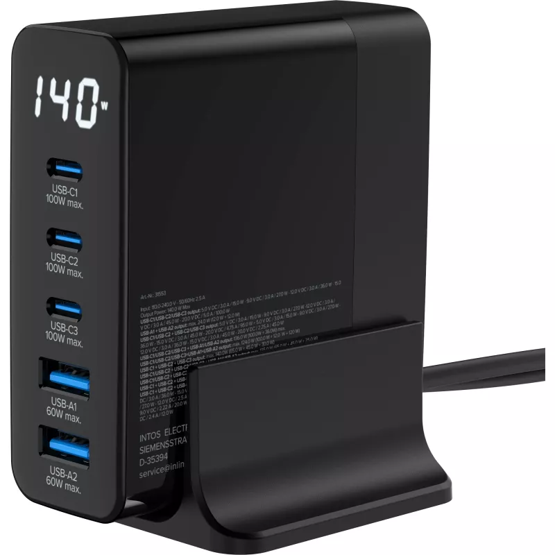 Zasilacz InLine USB PD, ładowarka GaN, 5-portowa, USB-C + USB-A, 140 W, z wyświetlaczem