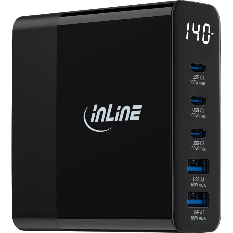 Zasilacz InLine USB PD, ładowarka GaN, 5-portowa, USB-C + USB-A, 140 W, z wyświetlaczem