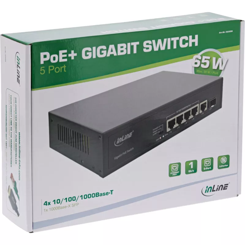 Niezarządzalny przełącznik InLine PoE+ Gigabit sieciowy Switch 5 portów 4x PoE+ 1xSFP 1Gb/s desktop