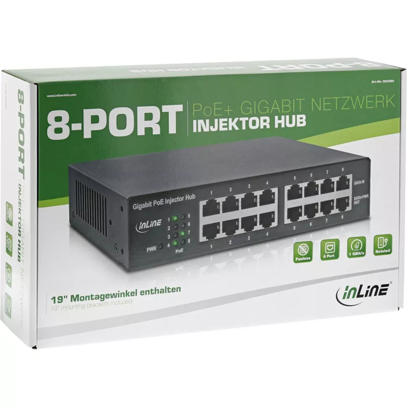InLine PoE+ Gigabitowy koncentrator iniektorów sieciowych 8-portowy (8x PoE+), 1 Gb/s, 19 cali 1U