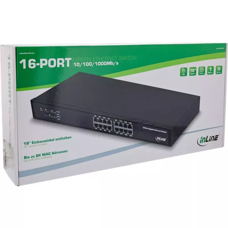 InLine 16-portowy gigabitowy przełącznik sieciowy, 1Gb/s, 19 cali 1U, bez wentylatora