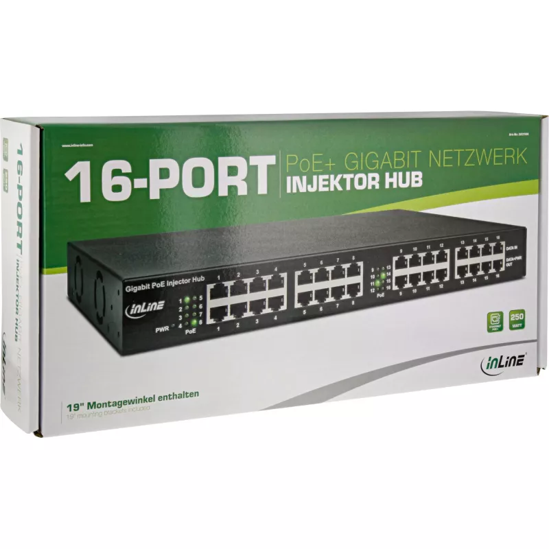 InLine PoE+ Gigabit Injector Hub 16 portów PoE+, 19 cali 1U, w zestawie uchwyty, 2 wentylatory