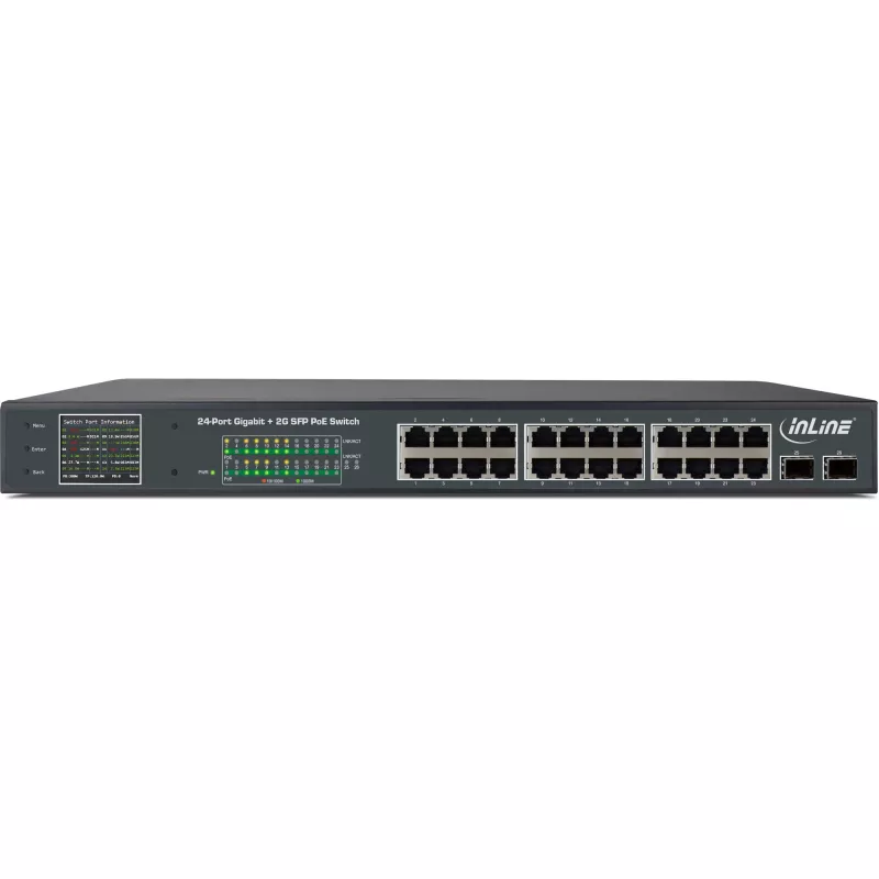 InLine PoE+ Gigabitowy przełącznik sieciowy 24 porty, 1 Gb/s, 2xSFP, 19 cali 1U (w zestawie uchwyty)