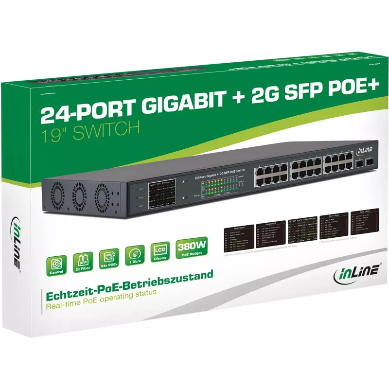 InLine PoE+ Gigabitowy przełącznik sieciowy 24 porty, 1 Gb/s, 2xSFP, 19 cali 1U (w zestawie uchwyty)