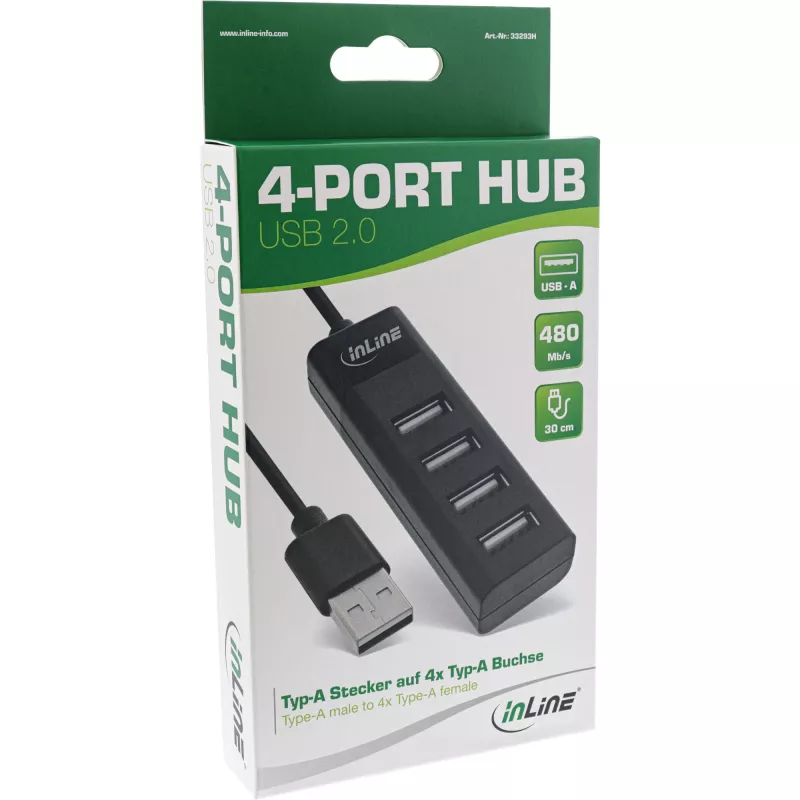 InLine USB 2.0 4-Port Hub, wtyk typu A męski na 4x gniazdo typu A żeńskie, czarny, 30cm, cienki