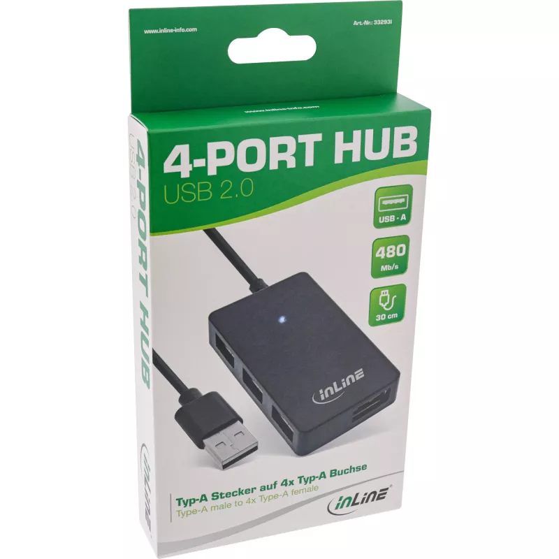 InLine USB 2.0 4-Port Hub, wtyczka Type-A na 4x gniazdo Type-A, czarny, 30cm