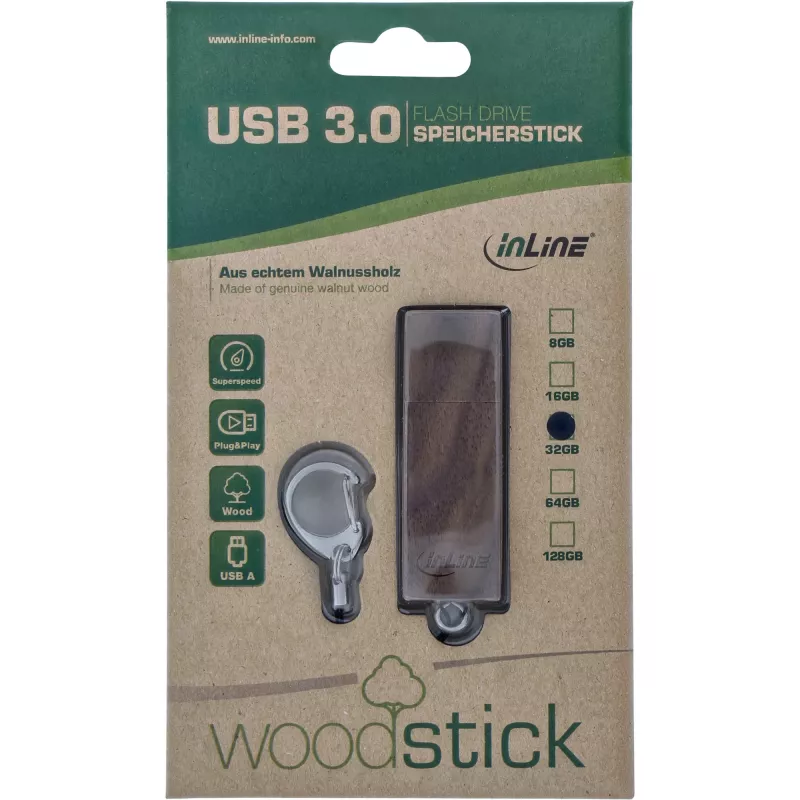 InLine USB 3.0 Flash drive, woodline walnut, with Keychain, 128GB