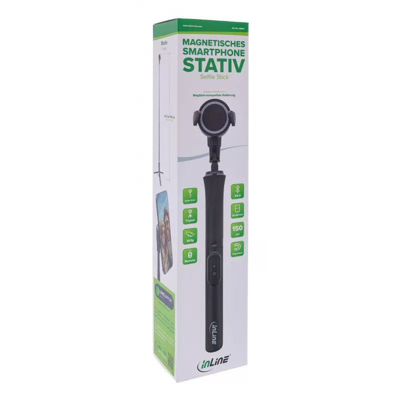 Selfie stick statyw InLine 48091 z pilotem Bluetooth — rozsuwany uchwyt na smartfona