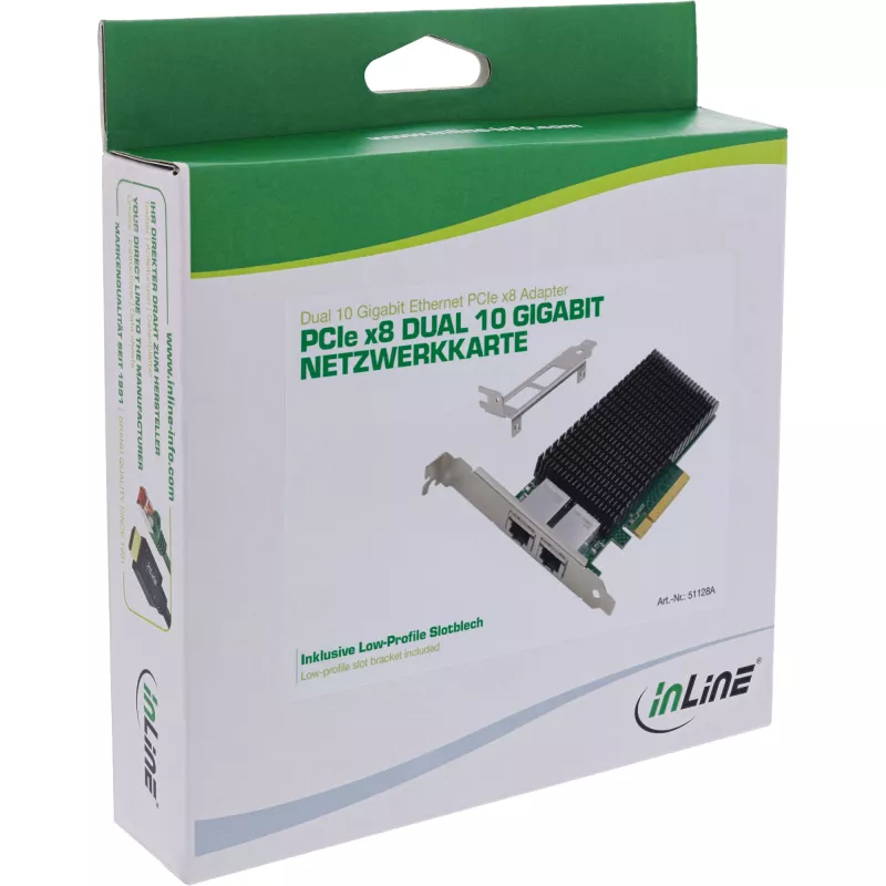Karta sieciowa InLine Dual 10-Gigabit, 2x RJ45 10Gb/s, PCIe x8, w zestawie niskoprofilowa śledź