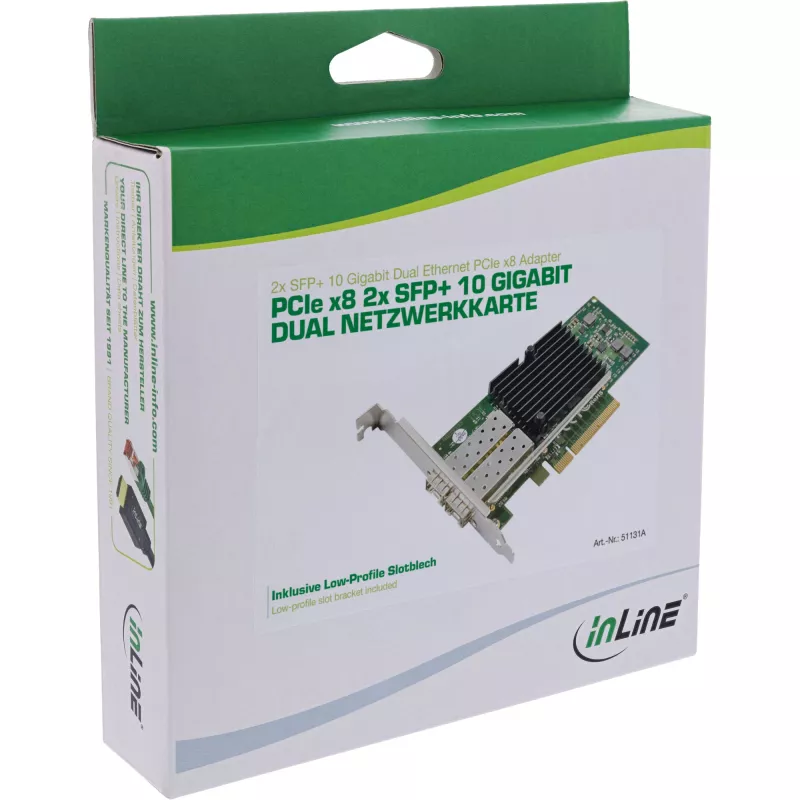 InLine podwójna karta sieciowa 10 Gigabit, 2x SFP+, PCIe x8, zawiera niskoprofilową śledź