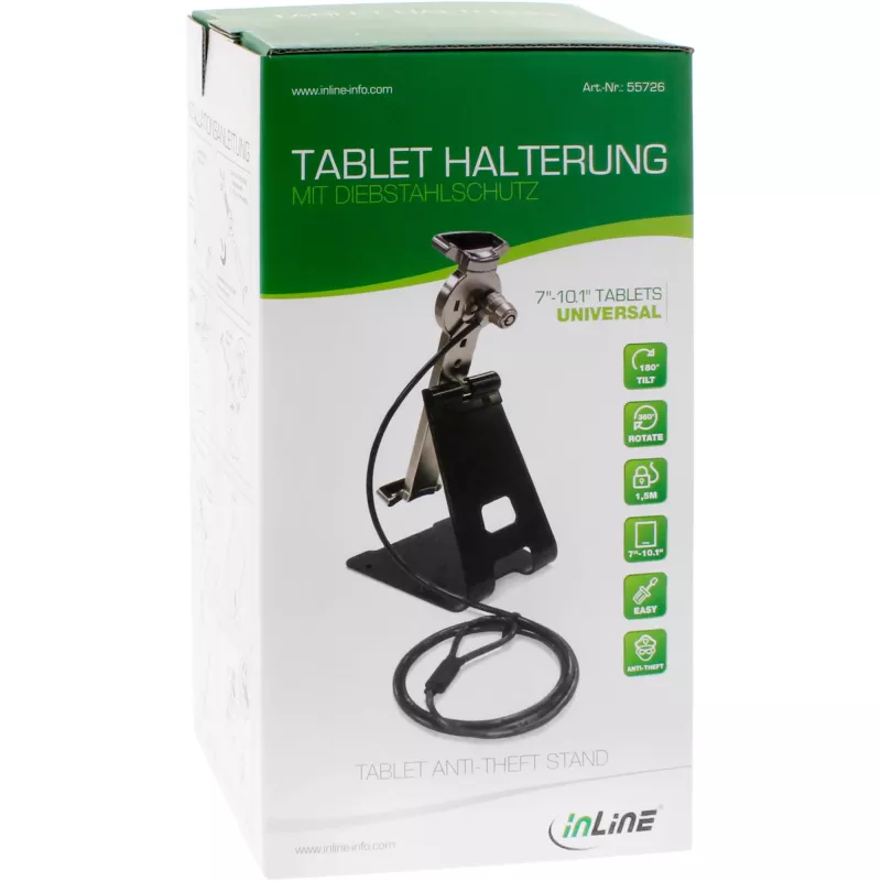 Uniwersalna blokowana podstawa pod tablet InLine na 7–10,1 cala z zamkiem na klucz, kabel 1,5 m