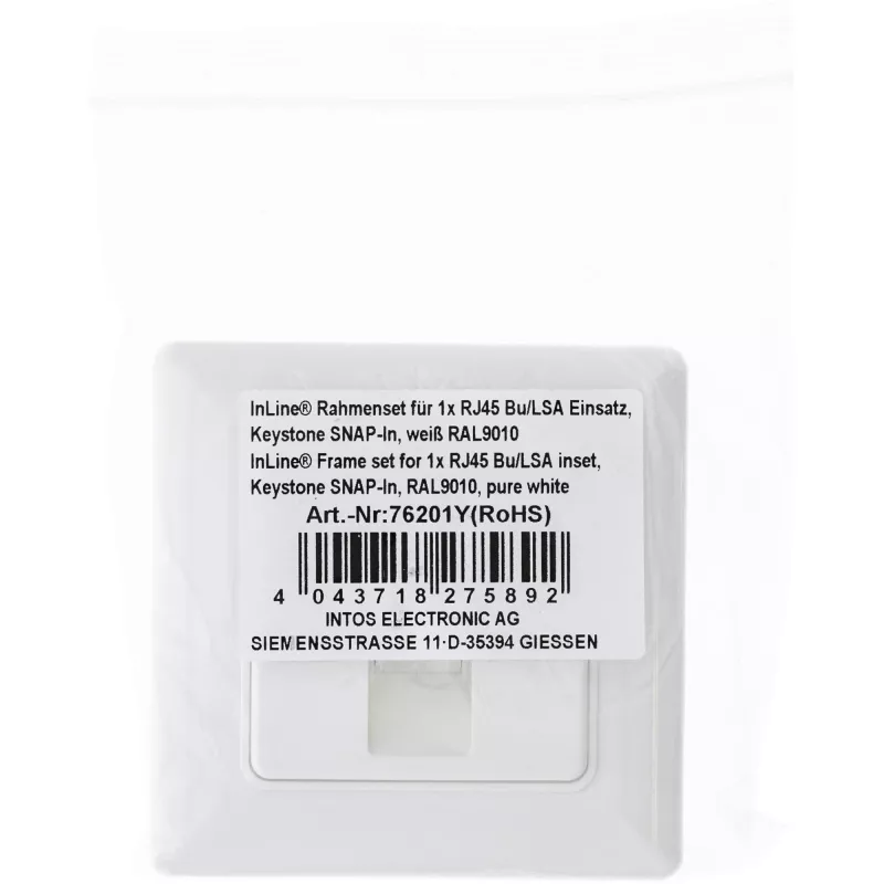 InLine zestaw ramki na 1 wkład RJ45 Bu/LSA, Keystone SNAP-In, biały RAL9010