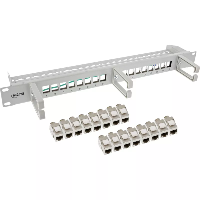 InLine Patch panel Cat.6A 16-portowy, z 3 uchwytami, 16 keystone, 19 cali, 1U, szary