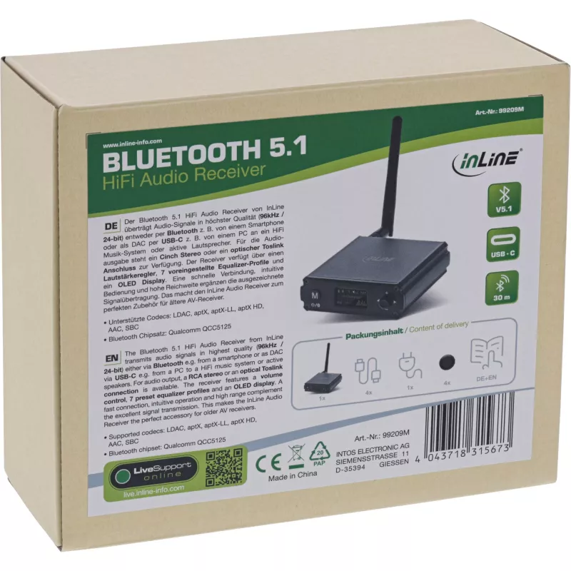 InLine Bluetooth 5.1 HiFi Receiver & USB DAC z LCD, zasięg 30 m