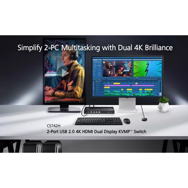 ATEN 2-portowy przełącznik KVMP USB 4K HDMI z obsługą dwóch wyświetlaczy (w komplecie kable)