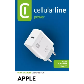Cellularline Ładowarka sieciowa USB-C 20 W - iPhone 8 lub nowszy Ładowarka sieciowa USB-C 20 W do ładowania iPhone 8 i nowszych modeli z maksymalną prędkością