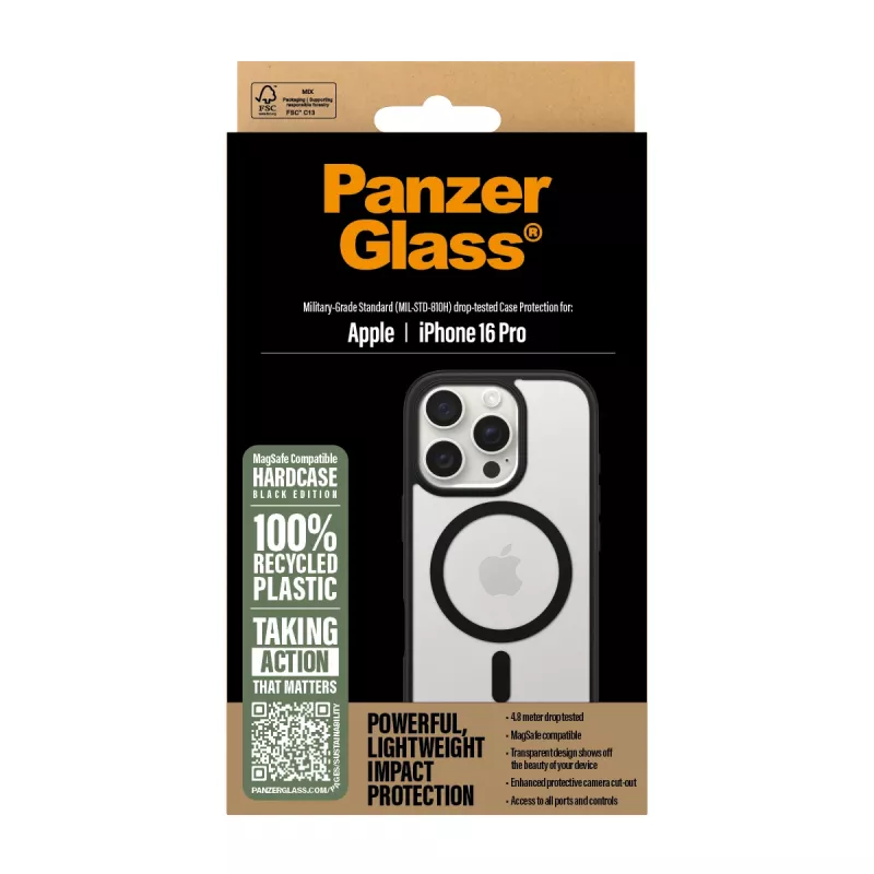 PanzerGlass® HardCase Transparent z czarną ramką MagSafe iPhone 16 Pro