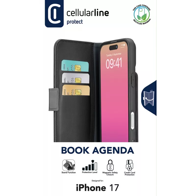 Cellularline Book Agenda - etui książkowe iPhone 17 ze skóry ekologicznej z zamknięciem magnetycznym