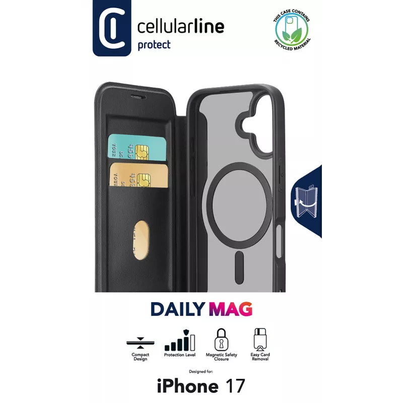 Cellularline Daily Mag - iPhone 17 etui książkowe z półprzezroczystym twardym tyłem kompatybilne z ekosystemem Magsafe®