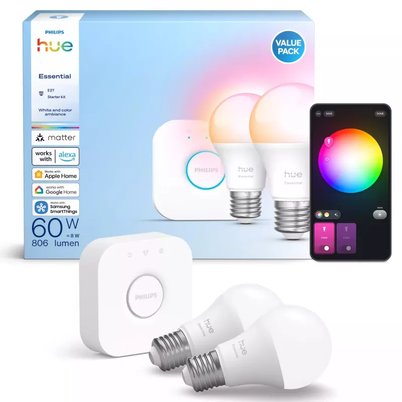Philips Hue biały and colour ambience Essential starter kit: 2 E27 smart bulbs (806 lm)