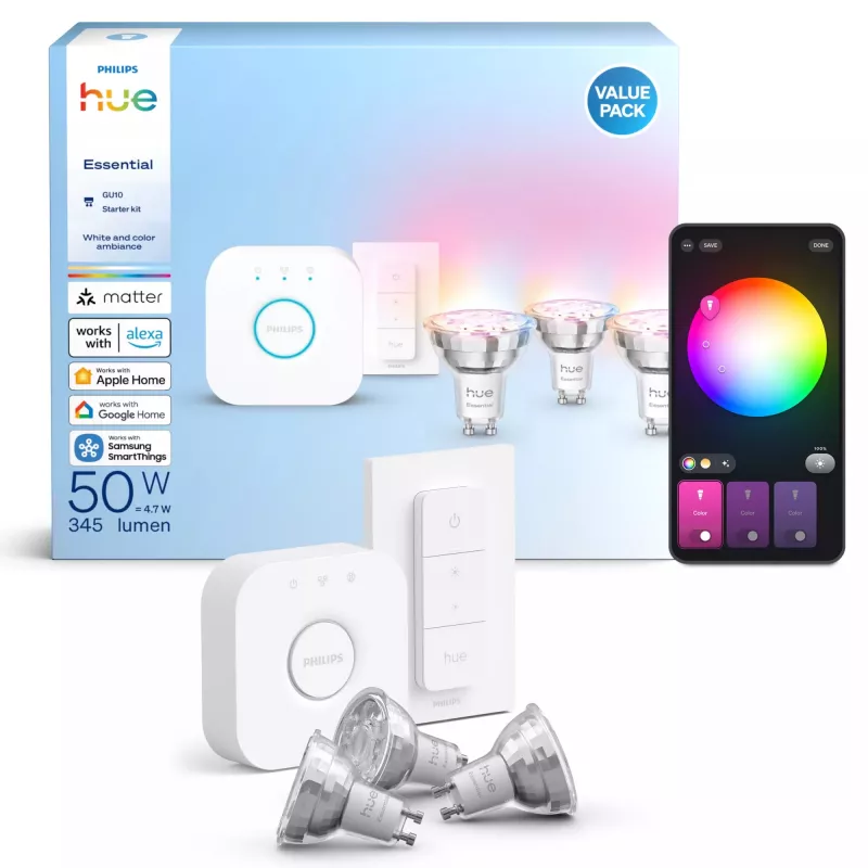 Philips Hue biały and colour ambience Zestaw startowy Essential: 3 inteligentne żarówki GU10 (345 lm) + ściemniacz