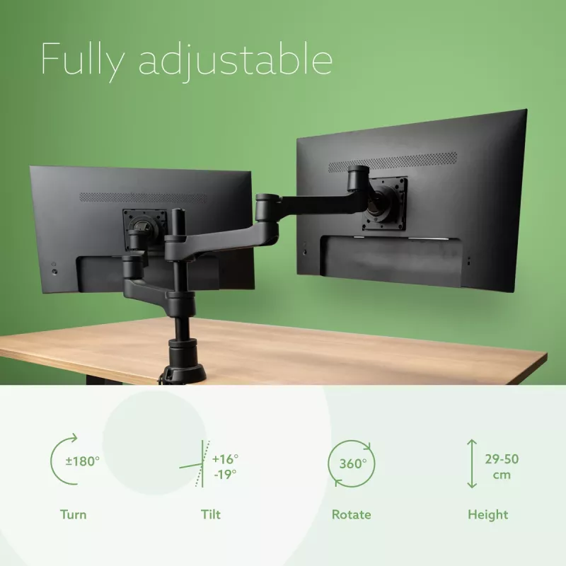 R-Go Tools Ramię do monitora R-Go Zepher Dual, do dwóch monitorów, w pełni regulowane, obciążenie 0–8 kg, 100% cyrkularny, czarny
