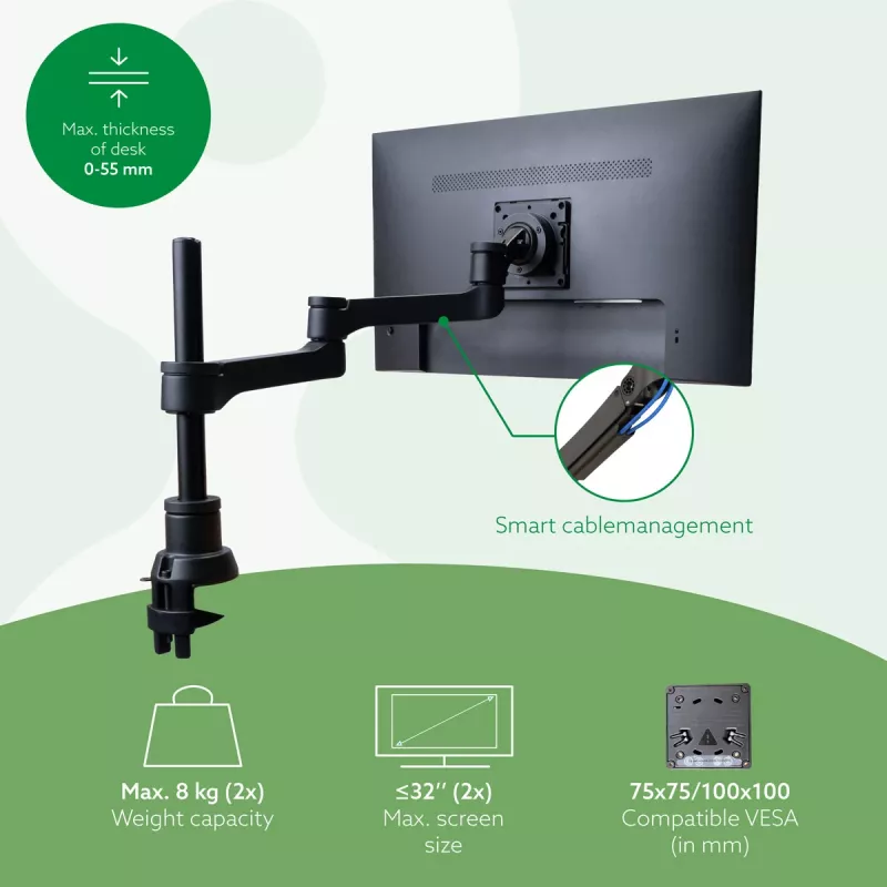 R-Go Tools Ramię do monitora R-Go Zepher Dual, do dwóch monitorów, w pełni regulowane, obciążenie 0–8 kg, 100% cyrkularny, czarny