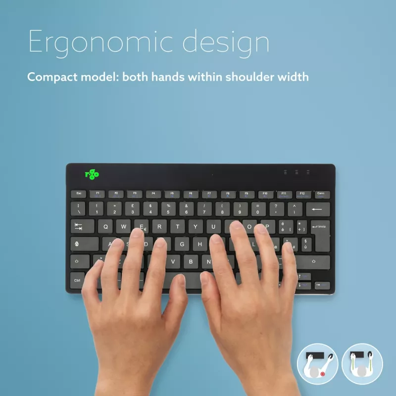Ergonomiczna klawiatura R-Go Tools R-Go Compact Break, kompaktowa klawiatura z oprogramowaniem przypominającym o przerwach, QWERTY (IT), Bluetooth, czarna