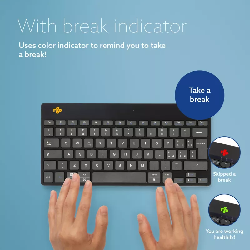 Ergonomiczna klawiatura R-Go Tools R-Go Compact Break, kompaktowa klawiatura z oprogramowaniem przypominającym o przerwach, QWERTY (IT), Bluetooth, czarna