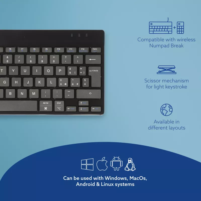 Ergonomiczna klawiatura R-Go Tools R-Go Compact Break, kompaktowa klawiatura z oprogramowaniem przypominającym o przerwach, QWERTY (IT), Bluetooth, czarna