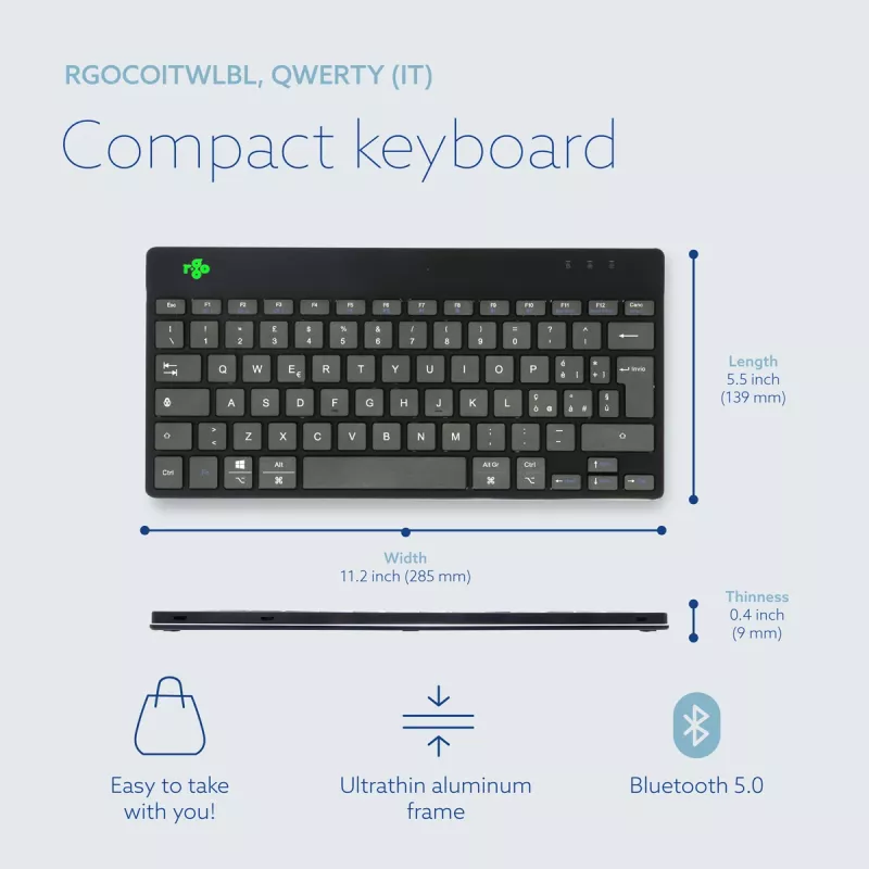 Ergonomiczna klawiatura R-Go Tools R-Go Compact Break, kompaktowa klawiatura z oprogramowaniem przypominającym o przerwach, QWERTY (IT), Bluetooth, czarna