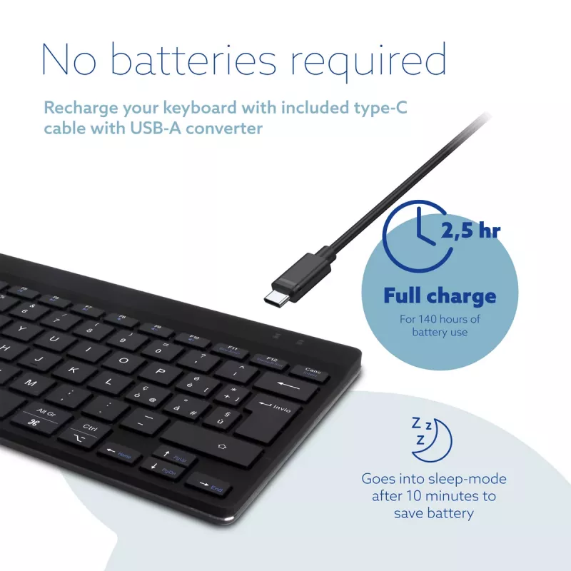 Ergonomiczna klawiatura R-Go Tools R-Go Compact Break, kompaktowa klawiatura z oprogramowaniem przypominającym o przerwach, QWERTY (IT), Bluetooth, czarna