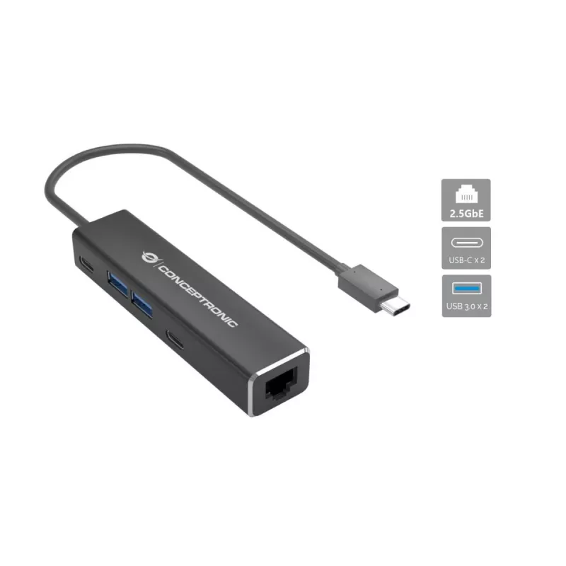 Adapter Ethernet Conceptronic ABBY14B 2,5G USB 3.2 Gen 1 z hubem USB, 2,5GbE, USB-A x 2, USB-C x 2