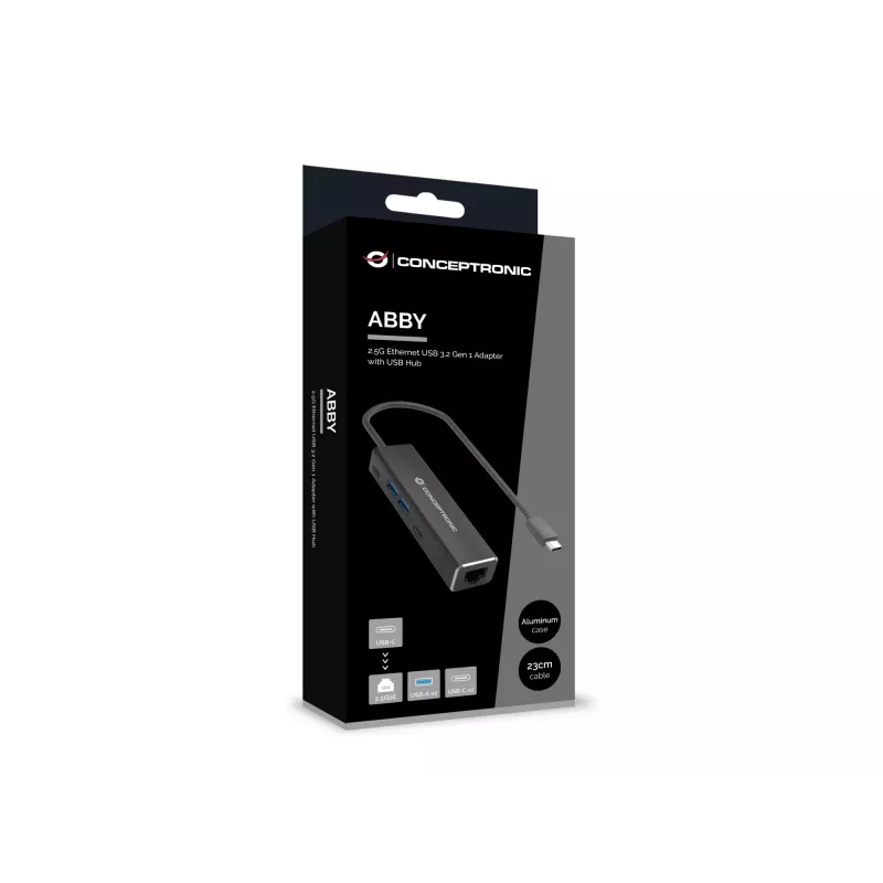 Adapter Ethernet Conceptronic ABBY14B 2,5G USB 3.2 Gen 1 z hubem USB, 2,5GbE, USB-A x 2, USB-C x 2
