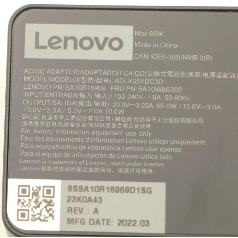Zasilacz/ładowarka sieciowa Lenovo 5A10W86302 Wewnętrzny 65 W Czarny
