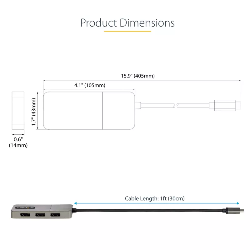 StarTech.com 3-portowy adapter USB-C do wielu monitorów, koncentrator MST USB Type-C na 3x DisplayPort 1.4, potrójny przedłużacz/rozdzielacz ekranu laptopa 4K 60 Hz DP, HDR, dodatkowo długi wbudowany kabel — tylko Windows