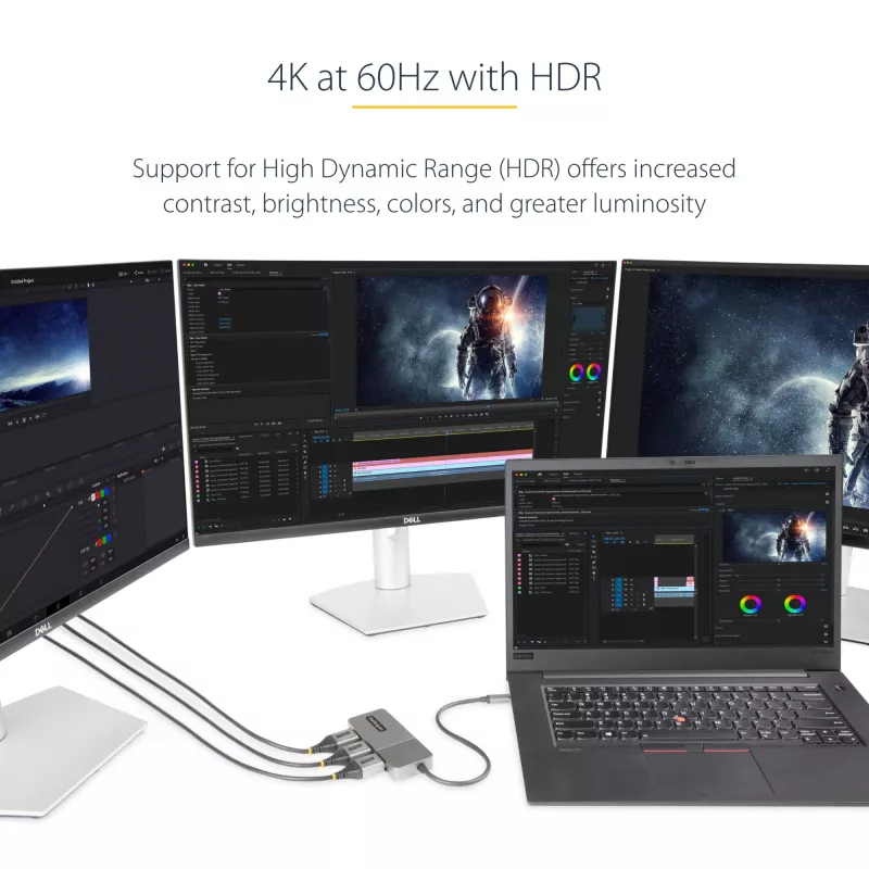 StarTech.com 3-portowy adapter USB-C do wielu monitorów, koncentrator MST USB Type-C na 3x DisplayPort 1.4, potrójny przedłużacz/rozdzielacz ekranu laptopa 4K 60 Hz DP, HDR, dodatkowo długi wbudowany kabel — tylko Windows