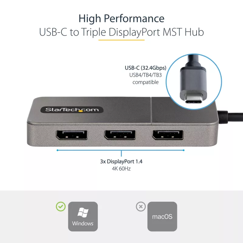 StarTech.com 3-portowy adapter USB-C do wielu monitorów, koncentrator MST USB Type-C na 3x DisplayPort 1.4, potrójny przedłużacz/rozdzielacz ekranu laptopa 4K 60 Hz DP, HDR, dodatkowo długi wbudowany kabel — tylko Windows