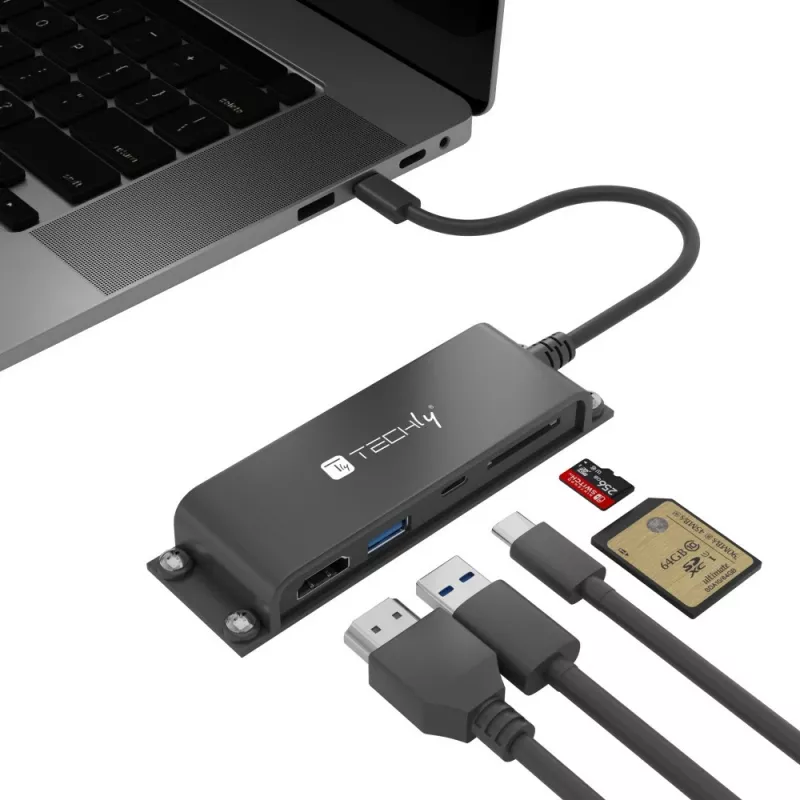 Techly IADAP-USBC-935 stacja dokująca/replikator portów do laptopa Przewodowa USB 3.2 Gen 1 (3.1 Gen 1) Type-C Czarny