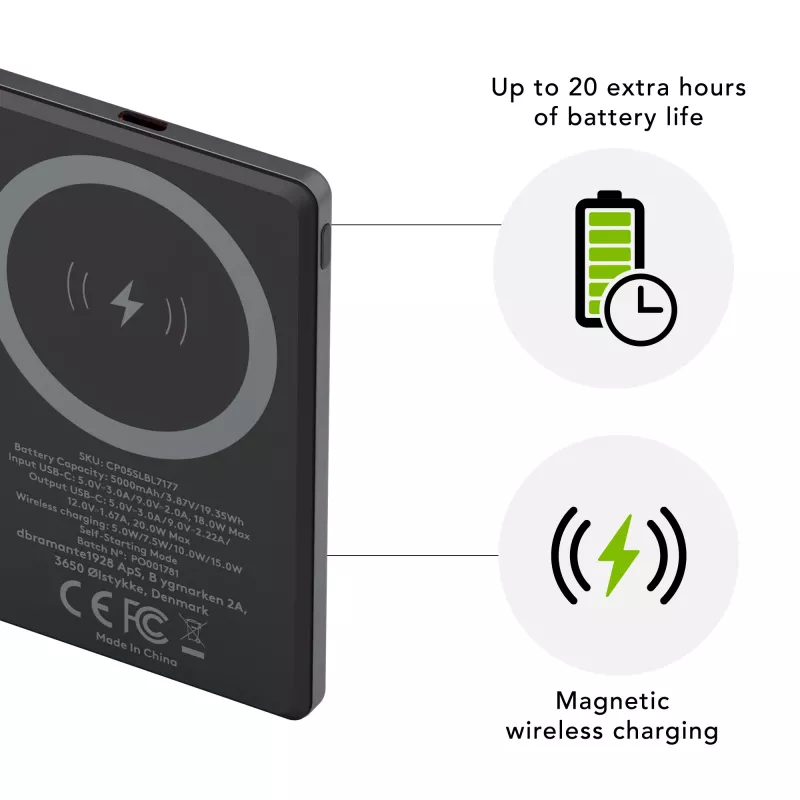 dbramante1928 re-charge - Power Bank 5K Wireless - Szary, 5000 mAh, Ładowanie bezprzewodowe, 3.87 V, Szary