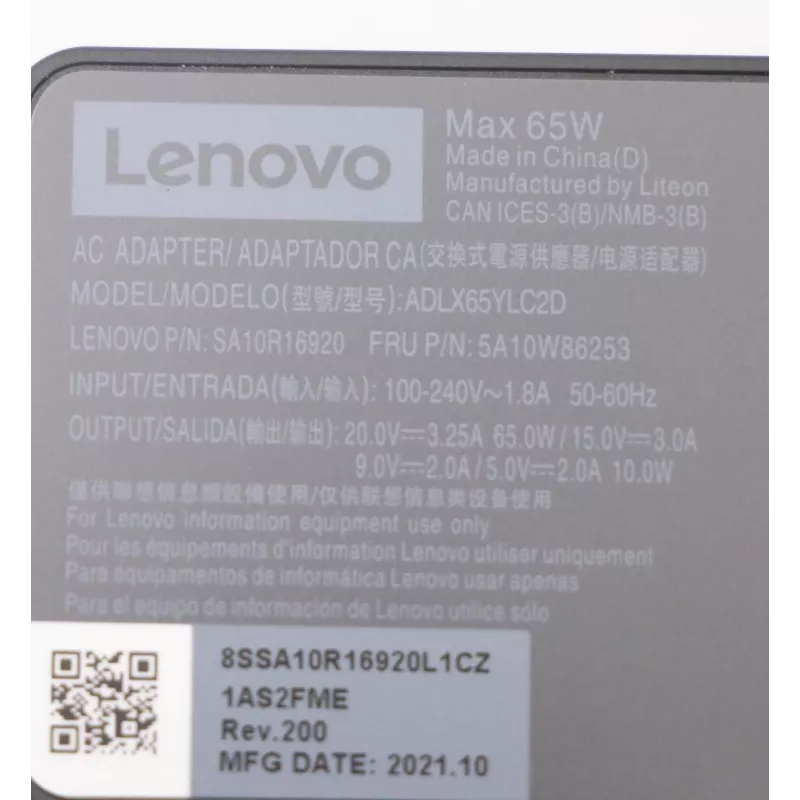 Lenovo 5A10W86253 zasilacz/inwerter Wewnętrzny 65 W Czarny