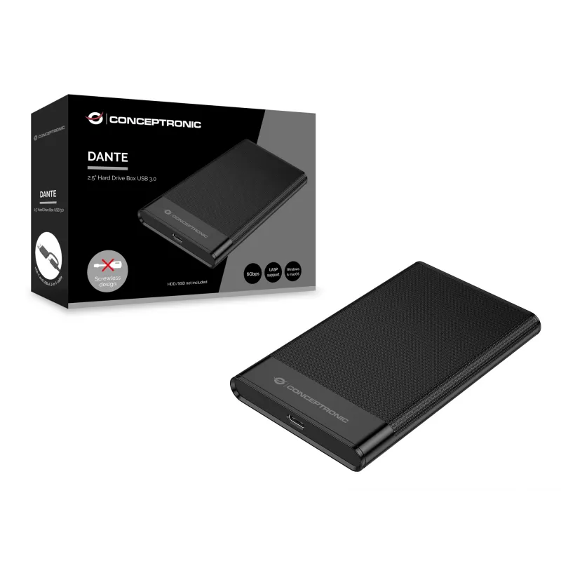 Conceptronic DANTE06B Kieszeń na dysk 2,5 cala USB 3.0, obudowa HDD/SSD, 2,5 cala, Serial ATA III, 6 Gbit/s, łączność USB, czarna