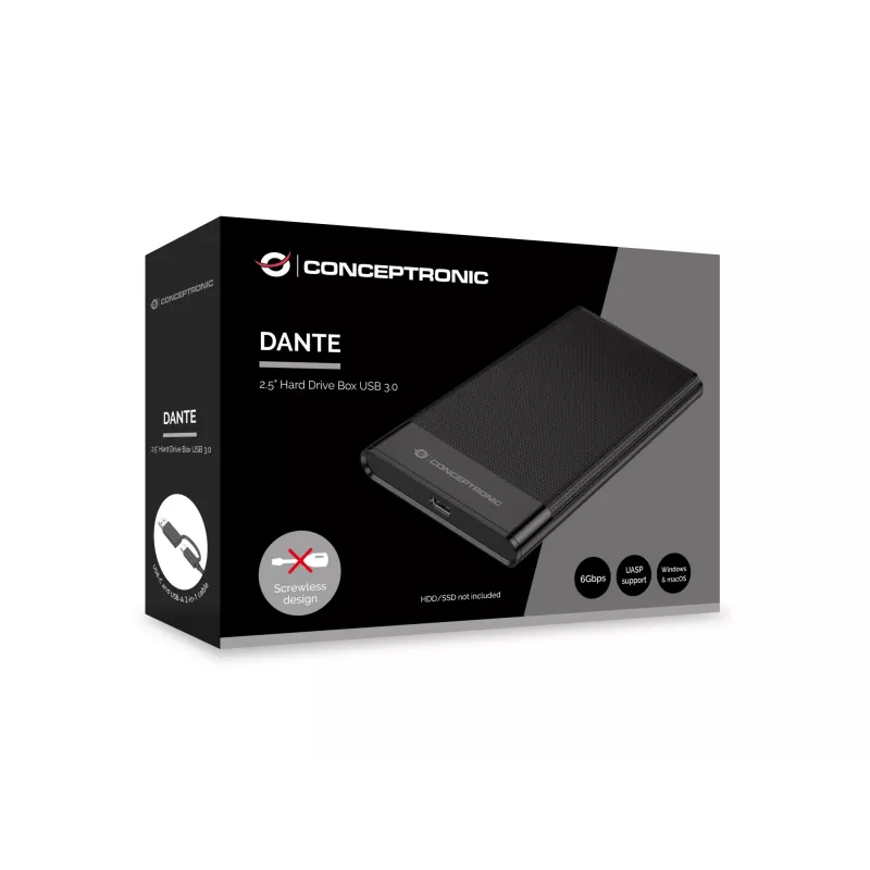 Conceptronic DANTE06B Kieszeń na dysk 2,5 cala USB 3.0, obudowa HDD/SSD, 2,5 cala, Serial ATA III, 6 Gbit/s, łączność USB, czarna