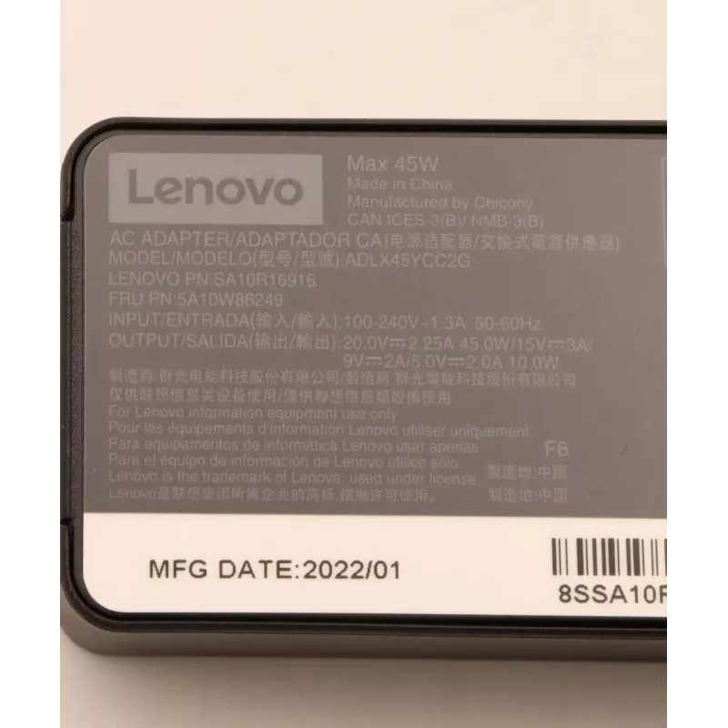 Zasilacz sieciowy Lenovo 45W USB-C 5A10W86249 — zasilacz USB-C 45 W do laptopów i urządzeń